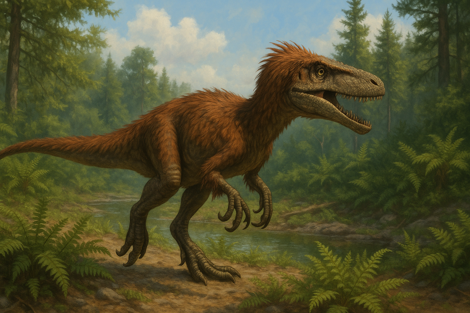 Eotyrannus Dico Des Dinos Représentation de Eotyrannus dans son environnement naturel.