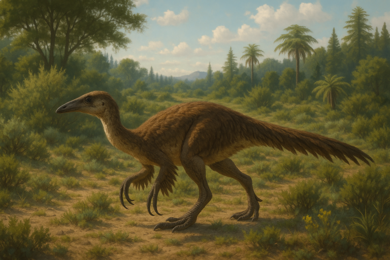 Représentation de Falcarius dans son environnement naturel.