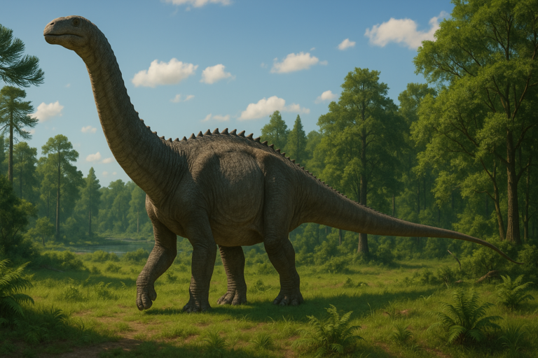 Représentation de Futalognkosaurus dans son environnement naturel.