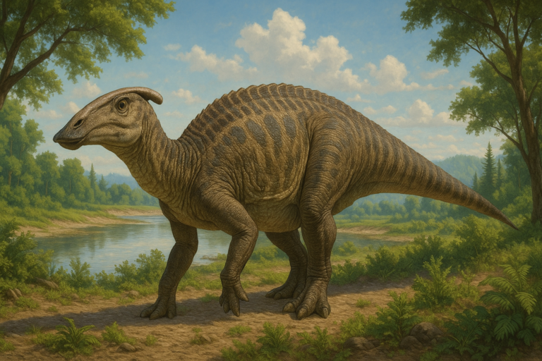 Représentation de Gryposaurus dans son environnement naturel.