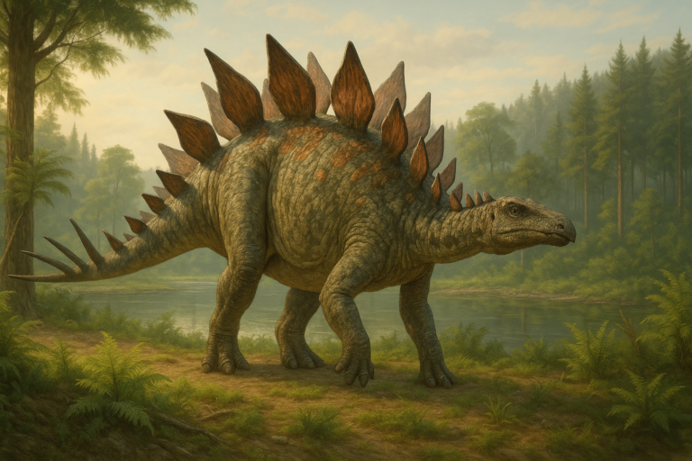 Représentation de Huayangosaurus dans son environnement naturel.