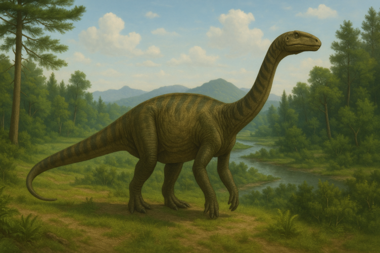 Représentation de Lufengosaurus dans son environnement naturel.