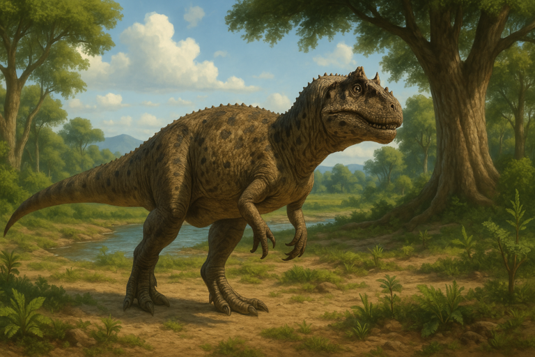 Représentation de Majungatholus dans son environnement naturel.