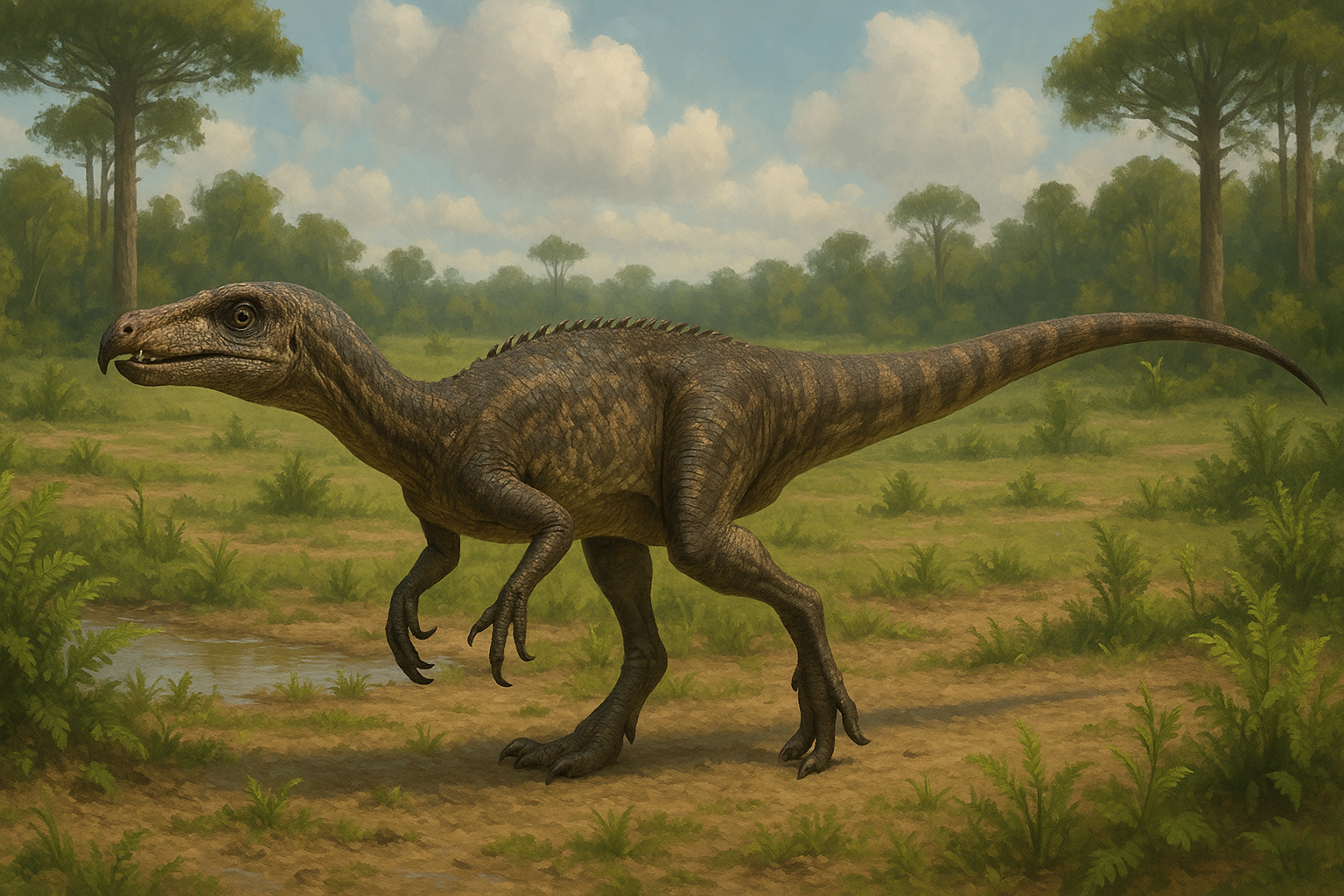 Représentation de Masiakasaurus dans son environnement naturel.
