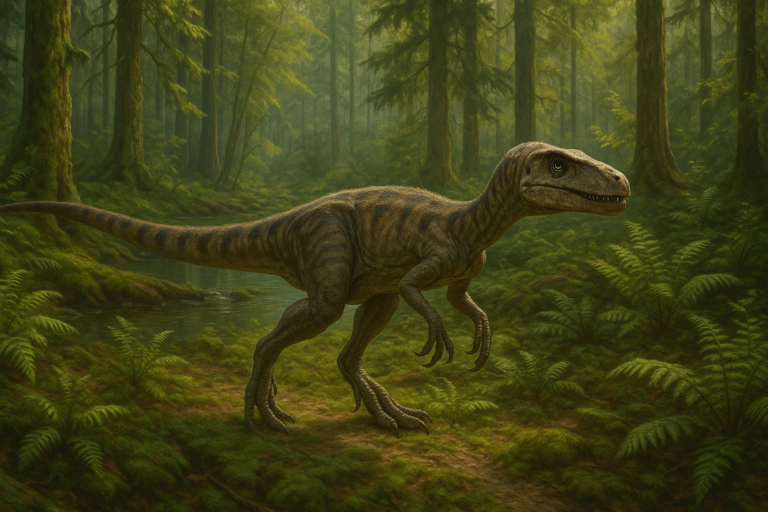 Représentation de Megapnosaurus dans son environnement naturel.