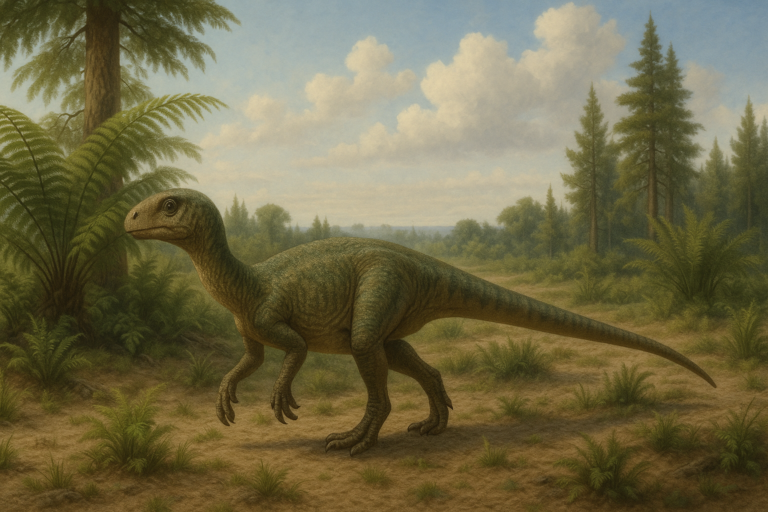 Représentation de Mussaurus dans son environnement naturel.