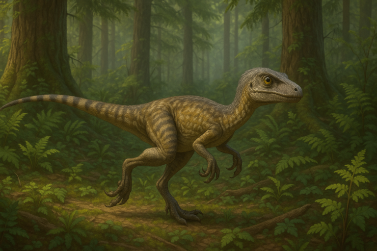 Représentation de Ornitholestes dans son environnement naturel.